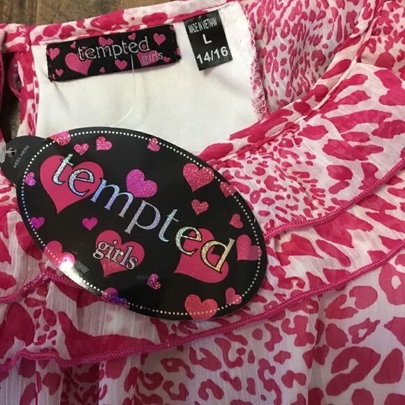 Tempted Blouse Pink White Animal Print Ruffled Layered Scoop Neck Large Girls - Picture 7 of 12